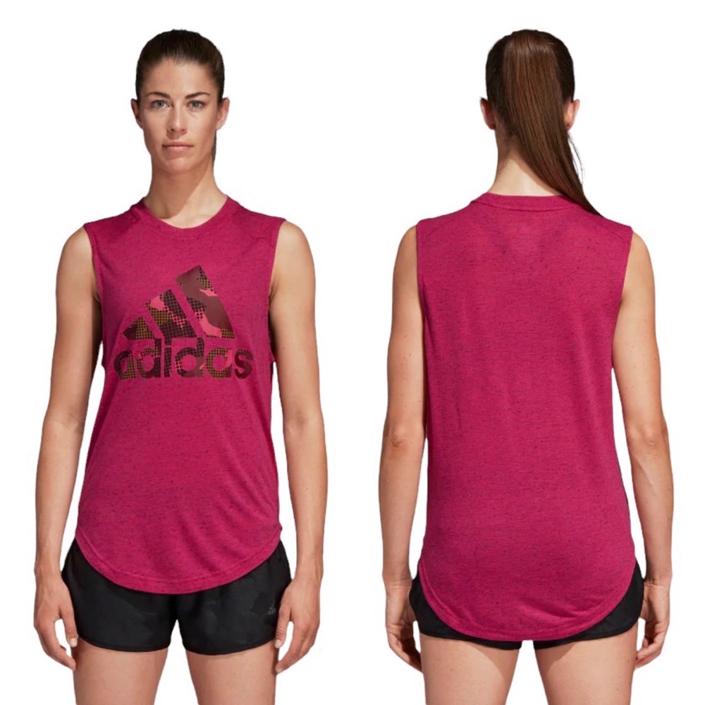 Adidas Here To Create Real Magenta Camo Logo Athletic Muscle Tee Women’s Size XS